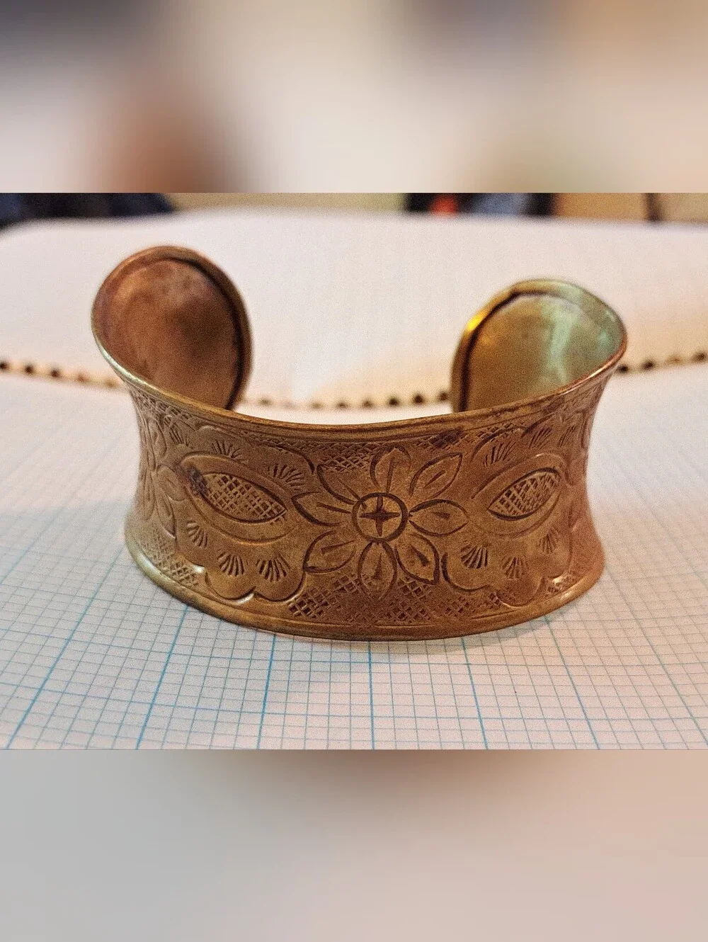 Gold Floral Engraved Wide Wrist Cuff Bracelet